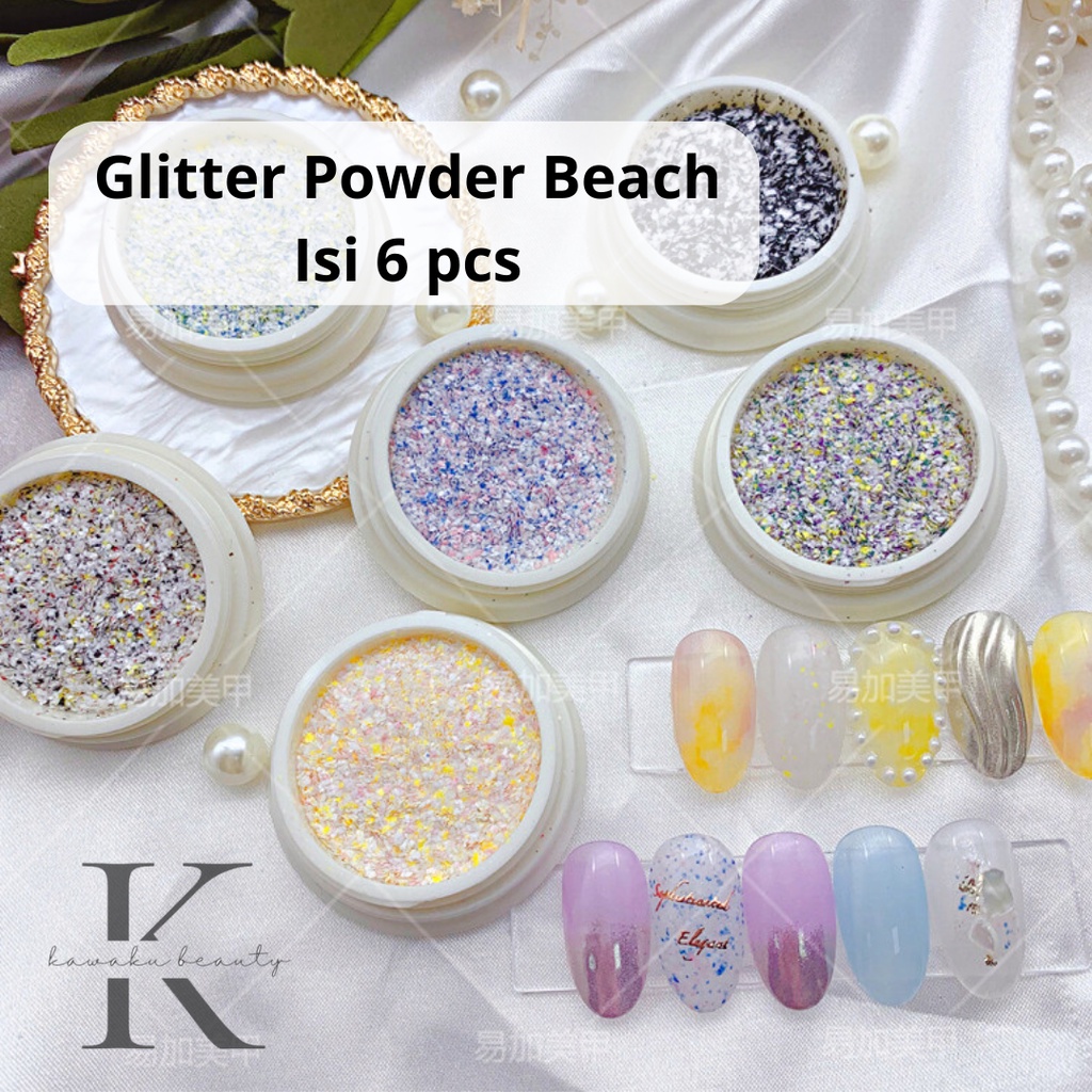 Bubuk Glitter Nail art Glitter Beach Mix Set 6 Warna/ Serbuk Halus Pasir Pantai Nail art/ Hiasan Dekorasi Kuku