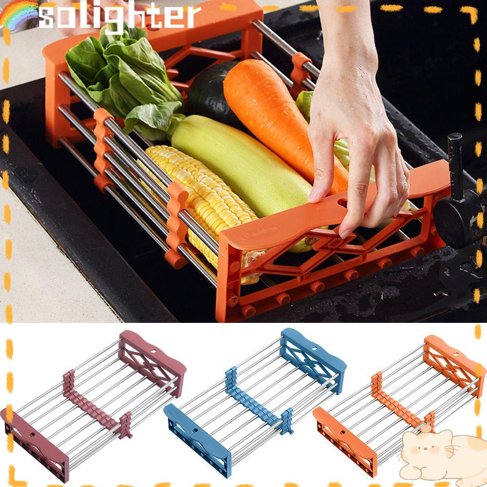 Solighter Sink Drain Rack Portable Pembersih Buah Buahan Drainer Basket Stainless Steel