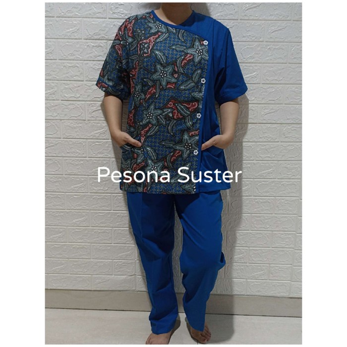 baju suster Carry KIMONO BATIK / Baju Setelan Seragam Suster Polos/Baju Nanny / Se - S, Biru(U3O2) B