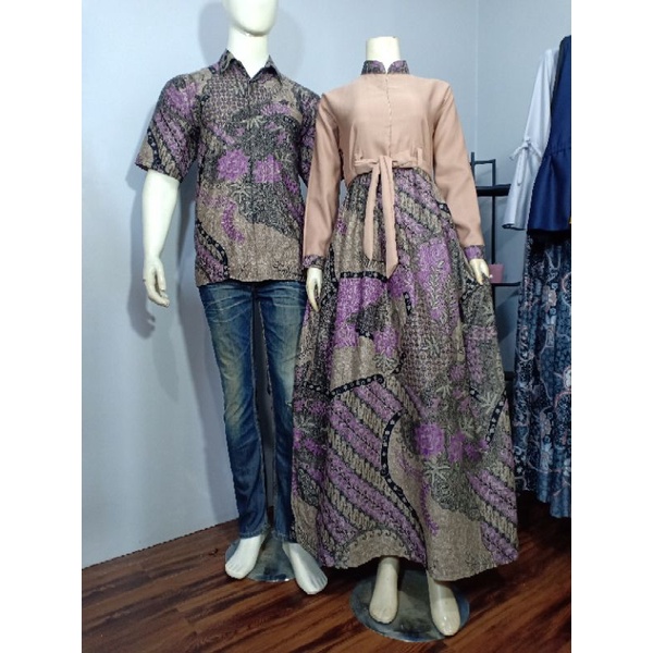 COUPLE GAMIS ALL SIZE DAN GAMIS JUMBO KEMEJA PENDEK MOTIF SENO ALIT UNGU WARNA HITAM GREY CREAM