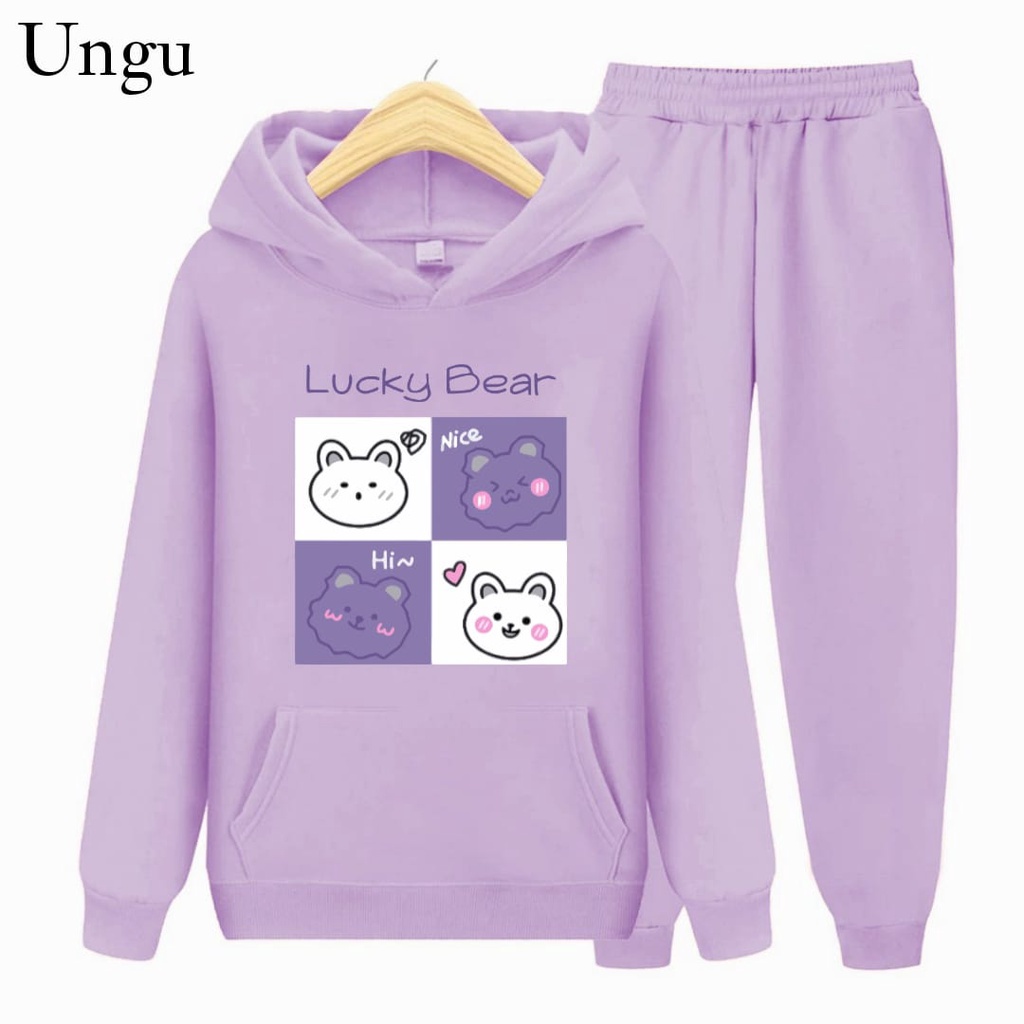 Hzl_outfit SETELAN HOODIE SWEATER LUCKY BEAR ANAK S.M.XL