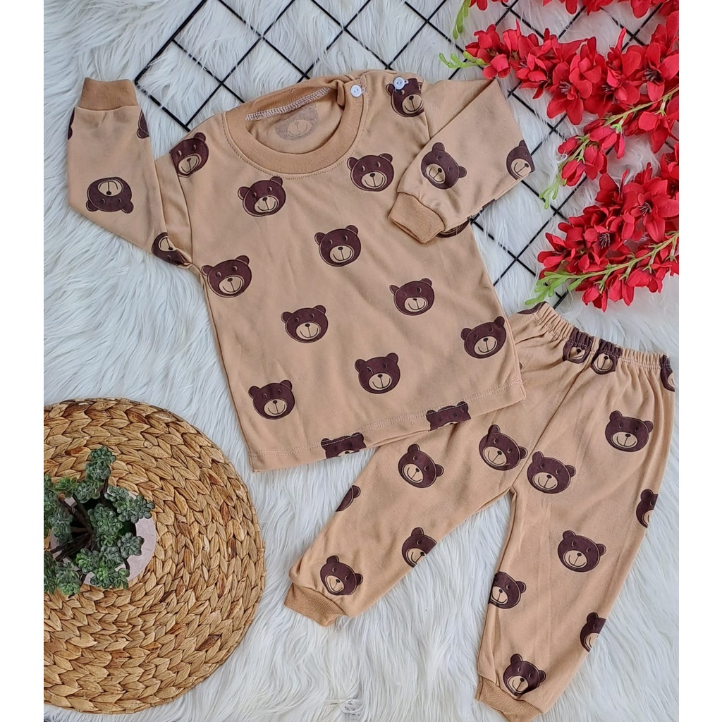 BAJU bayi lucu murah motif kepala beruang madu set PANJANG 3-18 bulan