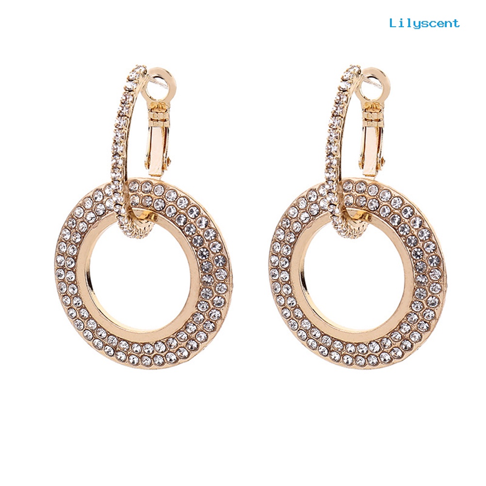 [LS] Wanita Fashion Berlian Imitasi Ganda Lingkaran Hoop Huggie Earrings Pesta Perhiasan Pesona