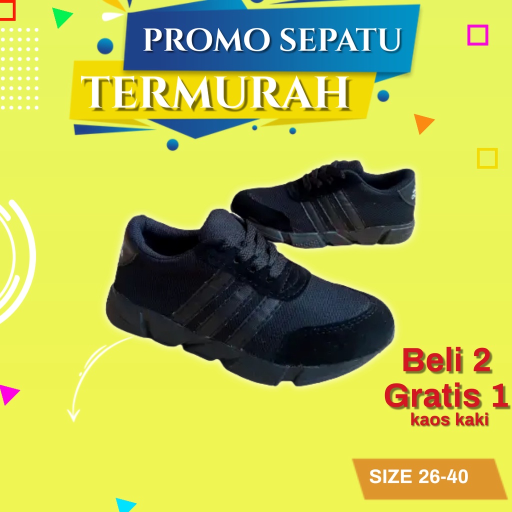 sepatu sneakers pria wanita sepatu sekolah anak laki laki perempuan sd smp sma hitam polos  tali