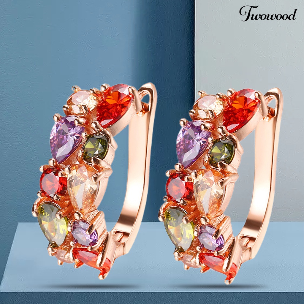 Twowood 1pasang Anting Wanita Trendi Warna-Warni Cubic Zirconia Nyaman Dipakai Aksesori Fashion Hoop Earrings Untuk Pesta