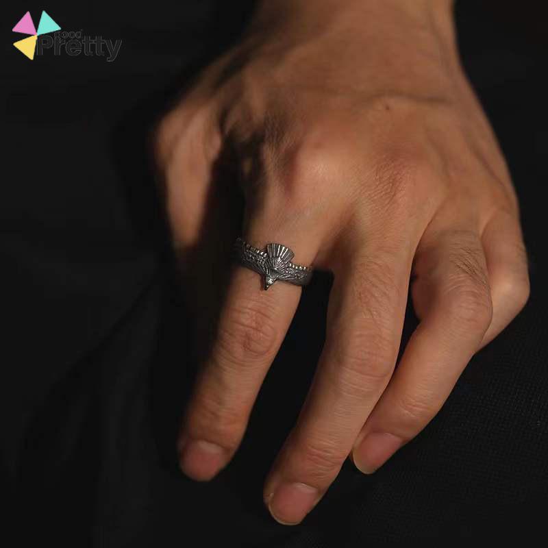 1PCS Cincin Perak Terbuka Vintage Elang Bulu Cincin Indeks Dapat disesuaikan - PD