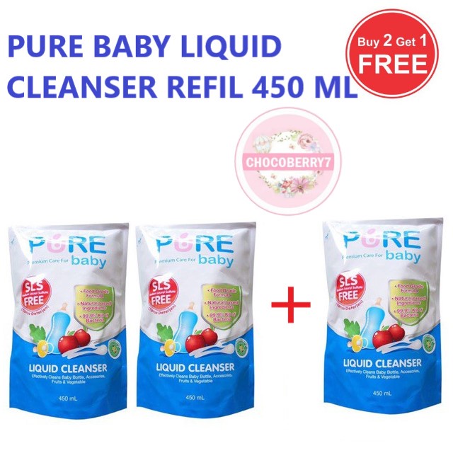 Pure Baby Liquid Cleanser Refill 450ml BELI 2 GRATIS 1 isi 3pcs Cairan Pencuci Botol Bayi