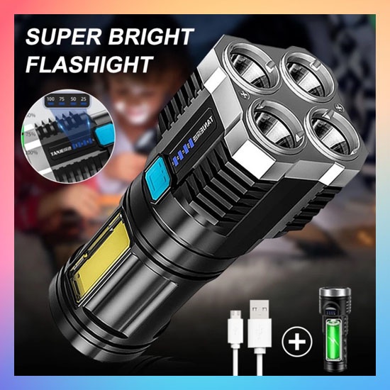 Senter Portable 4 LED + COB Light Super Terang L-S03 / Senter Penerangan Jarak Jauh 4 Mode Mata Lampu / Rechargeable Flashlight With 4 Core Light / Lampu Pencahayaan Darurat Untuk Camping Hiking Piknik Memancing Penerang SOS