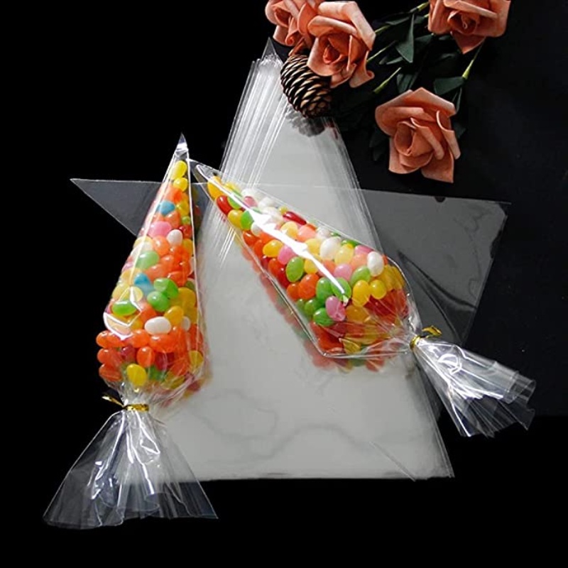 50pcs Tas Hadiah Bentuk Segitiga Transparan Dengan Ikatan Twist/Plastik OPP Kerucut Kantong Makanan Perhiasan Bunga Packing Bag