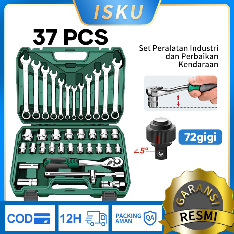 ISKU Kunci Shock Set 37pcs 72gigi/Full Lengkap Socket Toolkit 37pcs