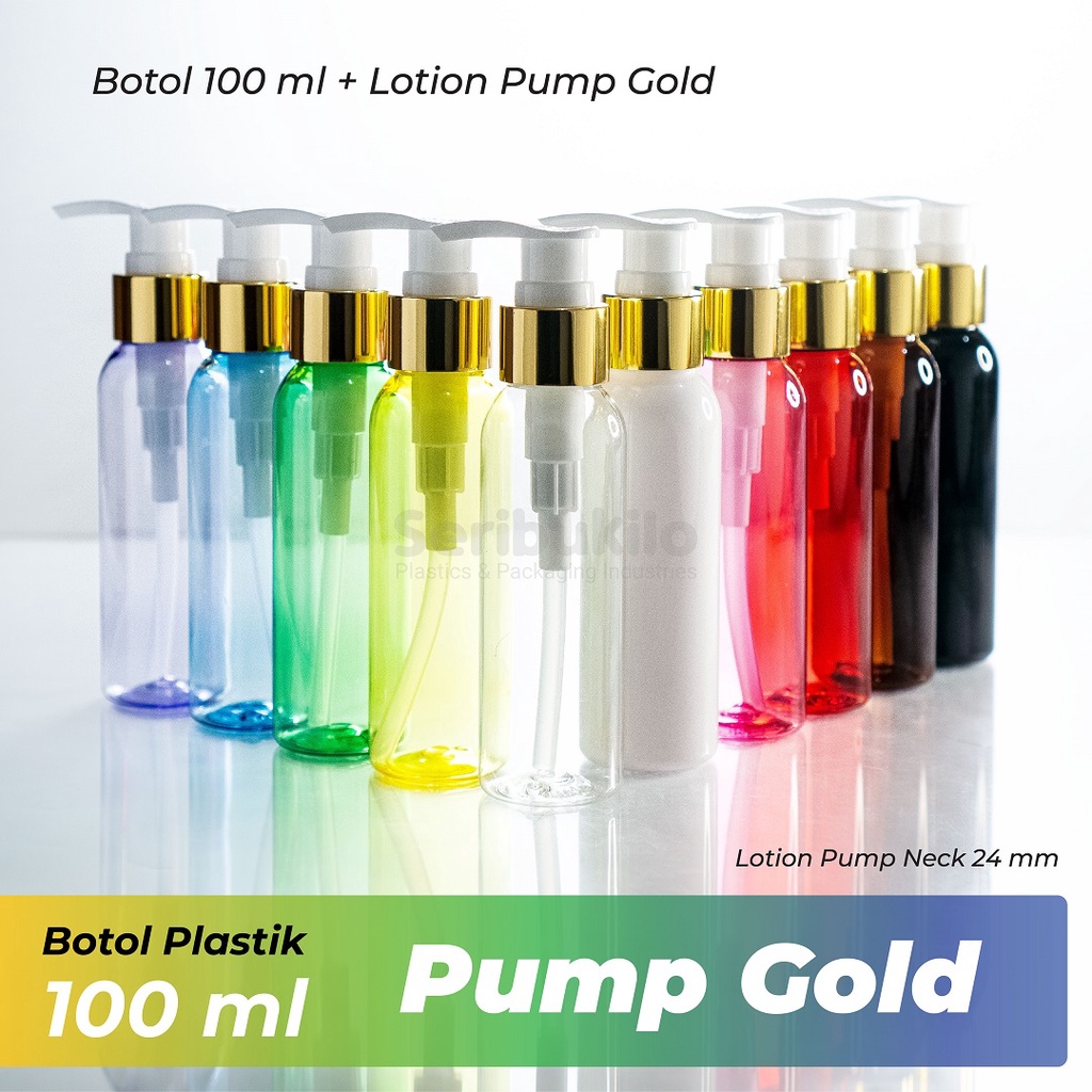 Botol Plastik 100 ml PET - Tutup Pump Gold / Botol Lotion Pump Ring Gold 100 ml