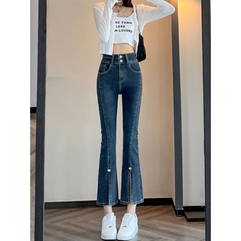 Red Musim semi dan musim gugur biru abu-abu elastis micro flared jeans wanita celah baru pinggang tinggi ramping delapan atau sembilan poin longgar versi Korea all-match