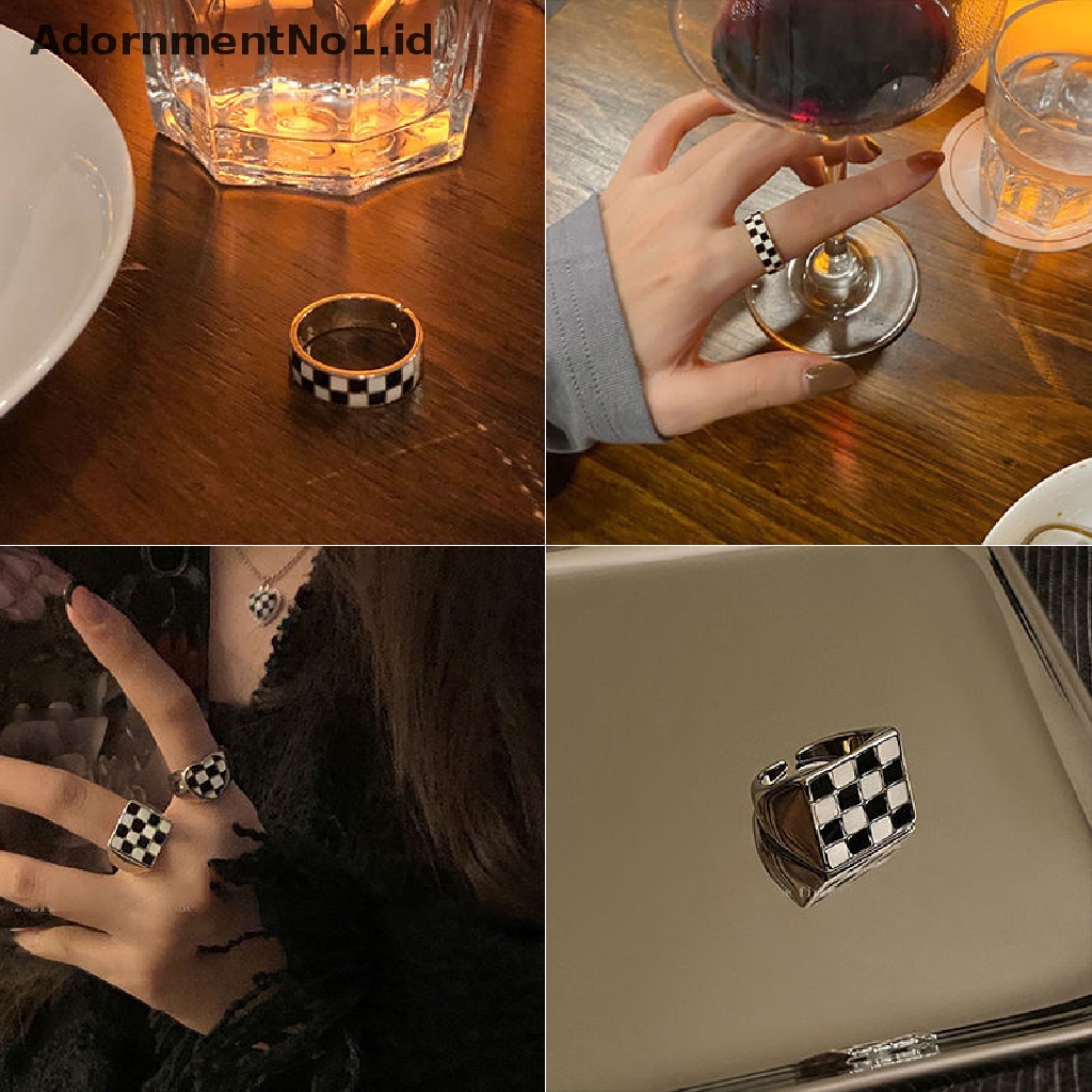 [AdornmentNo1] Vintage Jari Telunjuk Cincin Cinta Sederhana Hati Cincin Hitam Dan Putih Kotak-Kotak Diperiksa Cincin Untuk Wanita Rock Hip Hop Twist Geometri Open Rings Fashion Ins Perhiasan Hadiah [