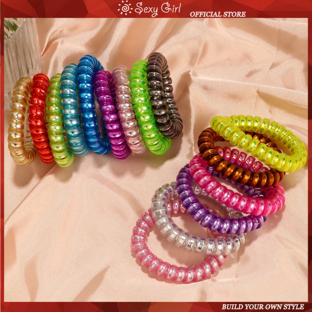 15pcs/set Korea Fashion Aksesoris Rambut Gaya Sederhana Emas Pink Pasir Terang Kabel Telepon Rambut Cincin Besar Plastik Ikat Kepala Perhiasan Gadis Seksi