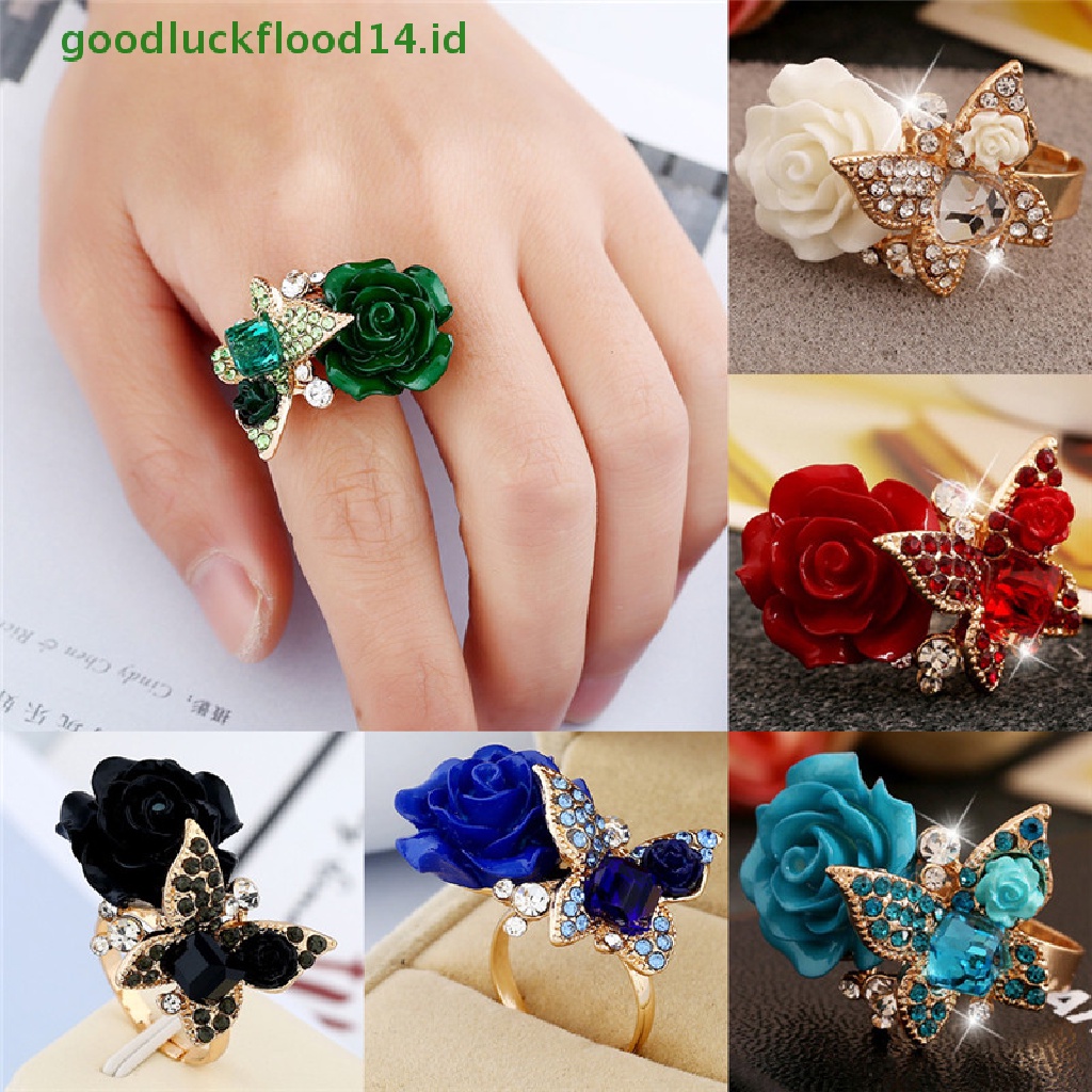 [GOOGFOUR] Adjustable Rose Butterfly Finger Ring Kristal Berlian Imitasi Cincin Perhiasan Pertunangan [TOP]