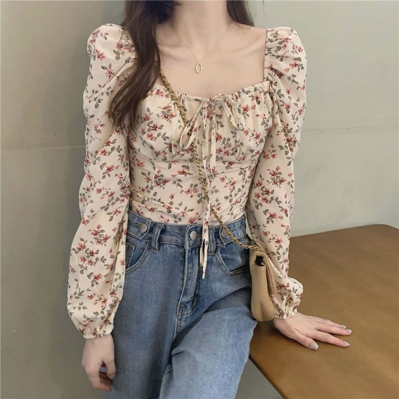 Red French square collar floral long-sleeve shirt women s autumn unique chic top slim fit short design niche shirt