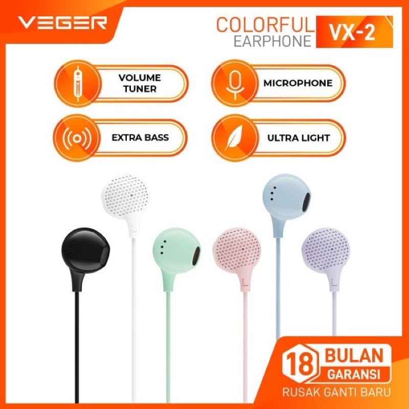 VEGER Headset / handsfree / earphones VX-2 Colorfull Extra Bass With Mic Original