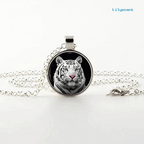 Ls 1Pc Kalung Liontin Kaca Tiger Cabochon Putih Wanita Perhiasan Rantai Mantel Panjang