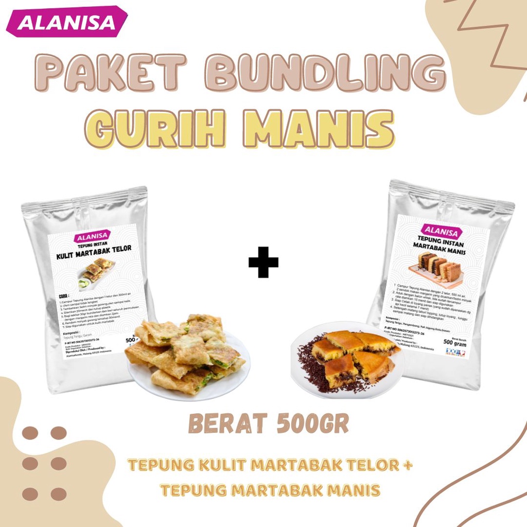 

BUNDLING GURIH MANIS (TEPUNG KULIT MARTABAK TELOR + TEPUNG MARTABAK MANIS 500GR)