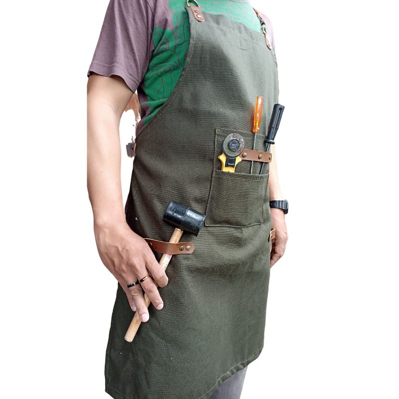 APRON CELEMEK KANVAS canvas tebal asli awet tahan lama barista barbershop carpenters tali kulit unis