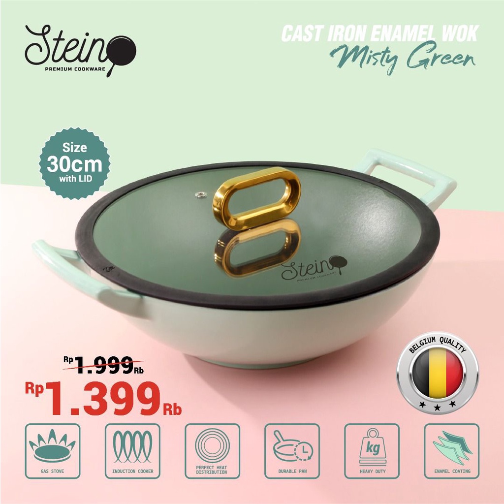 Cast Iron Wok Steincookware 30cm Enamel Wok Stein 30 Green Blue Wajan Enamail Iron Cast Penggorengan Induksi Kompor