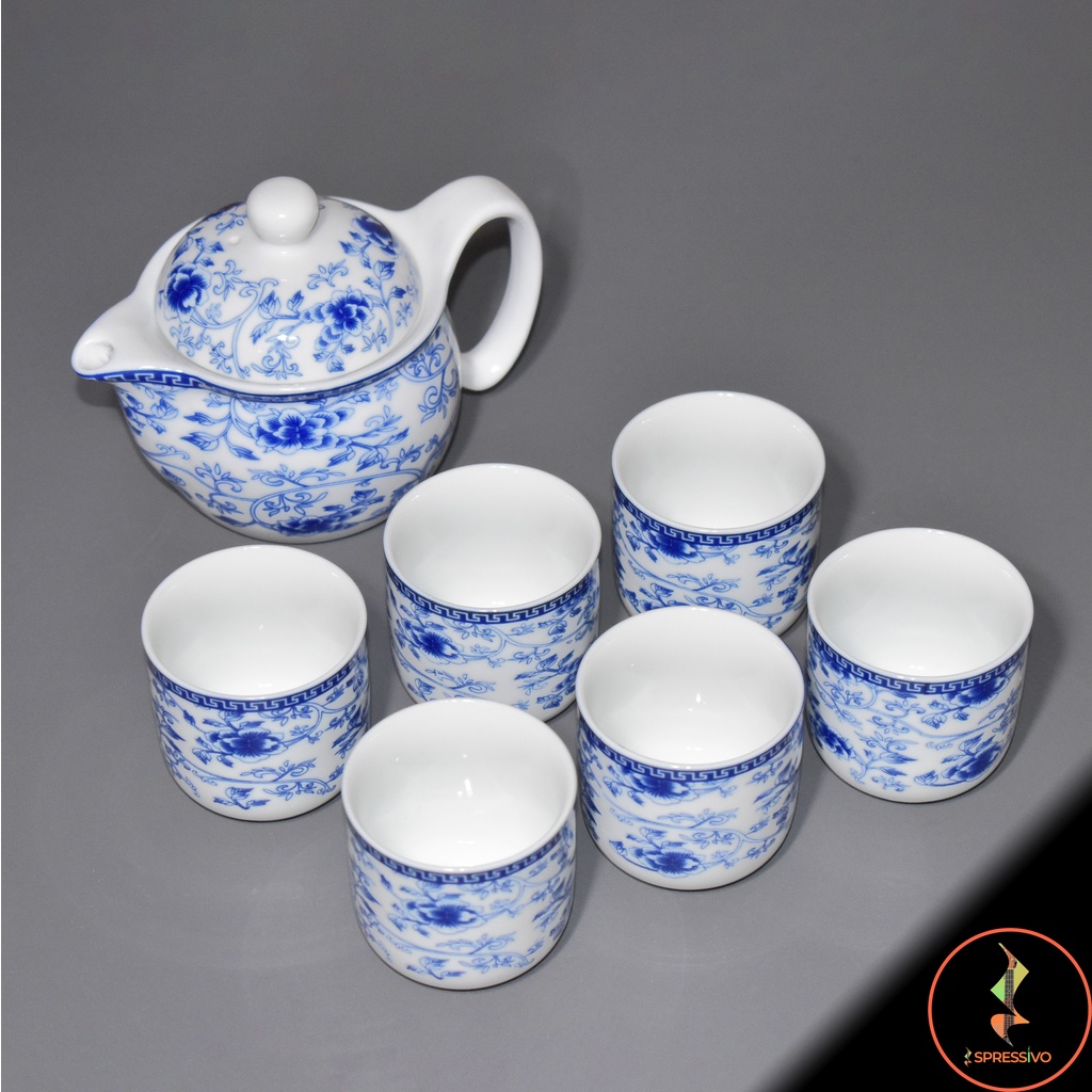 Teko 330ml  + 6 cangkir teh keramik blue &amp; white chinese tea set [705]