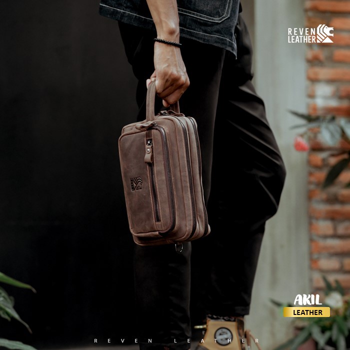 Hand bag Clutch Pouch Tas Tangan Kulit Pria Bisa Model Selempang Sling bag Cowok Branded Reven Nakula Leather Bag Bahan 100% Kulit Sapi Asli Original Premium