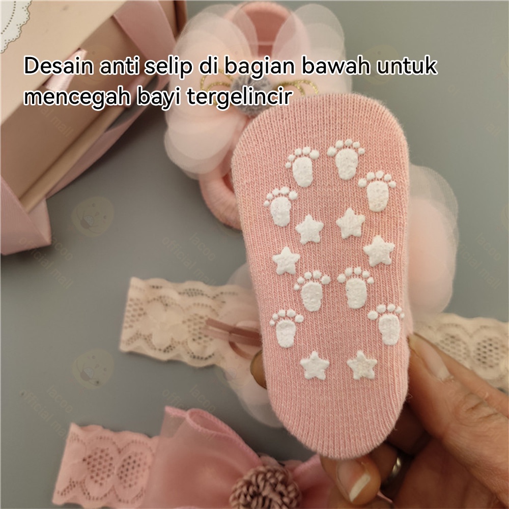 Lacoo 3in1 Kaos kaki bandana bayi perempuan lucu kaus kaki bando bayi cewek import dengan kotak cantik 0-1 tahun