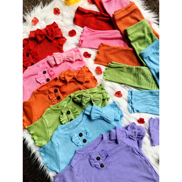 Baju Setelan Anak Perempuan Ruffle Knit + Bonus Bandana | Baju Oneset Ruffle Knit Tee Bahan Rib Knit Halus Dan Lembut