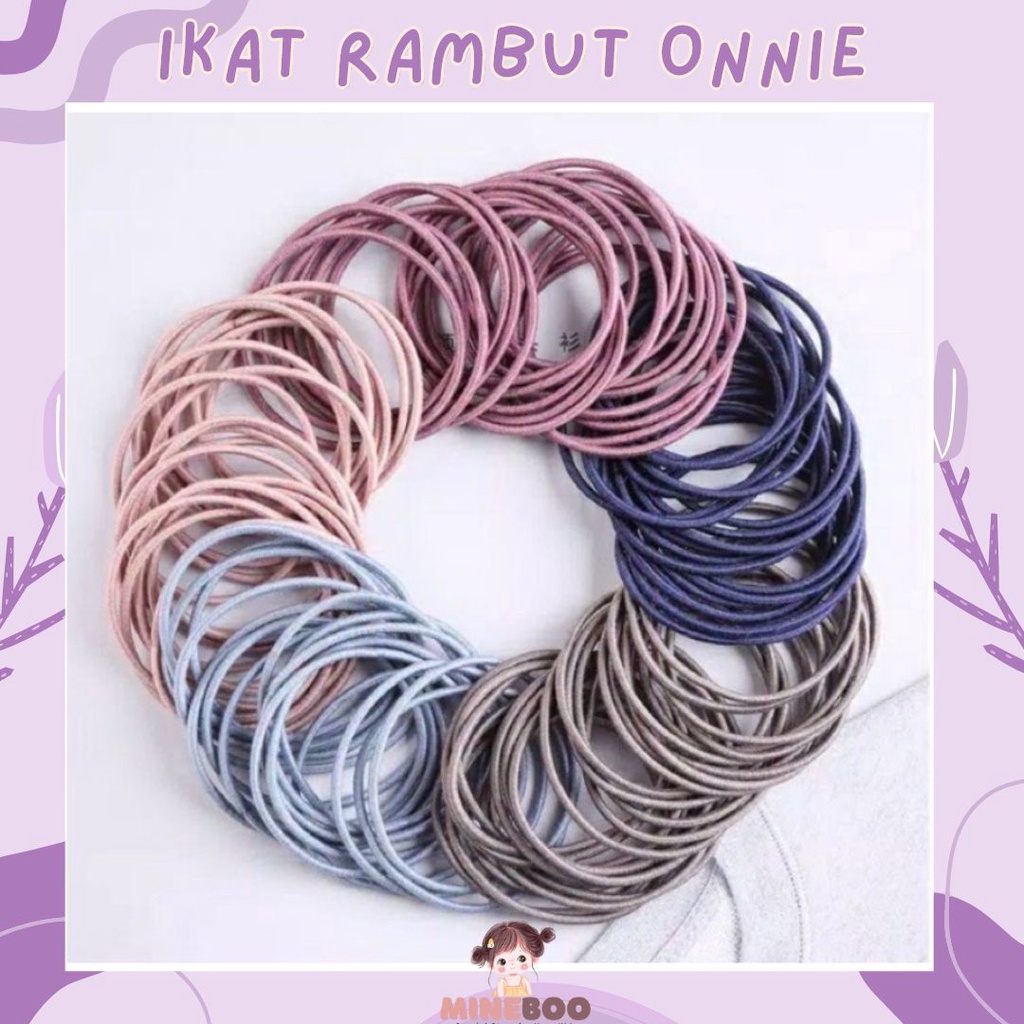 mineboo - IKAT RAMBUT ONNIE 100pcs + pouch ikat rambut karet polos warna-warni anak dewasa import ala korea