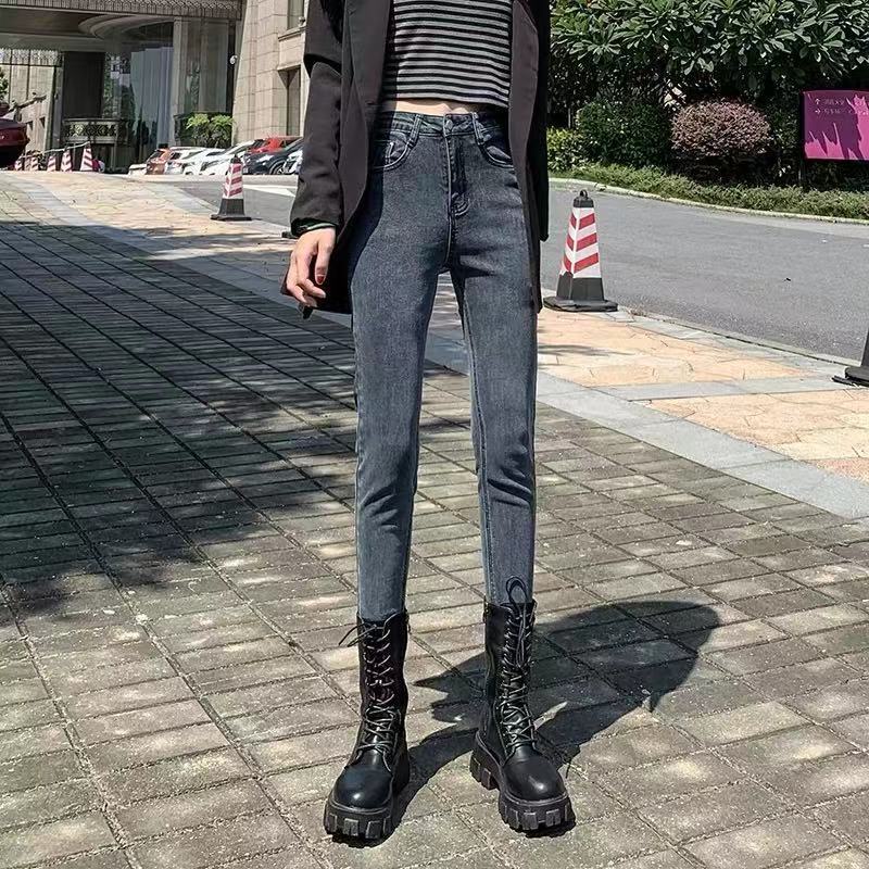 Red Celana Jeans Pinggang Tinggi Wanita Musim Gugur 2022 Versi Korea Baru Pelangsing All-Match Kaki Kurus Sembilan Poin Celana Pensil Trendi