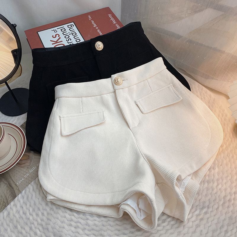 Red Palsu Saku Pinggang Tinggi Satu Kancing Luar Pakaian Santai Celana Wanita Musim Dingin 2022 Versi Korea All-Match Hitam Corduroy celana Pendek