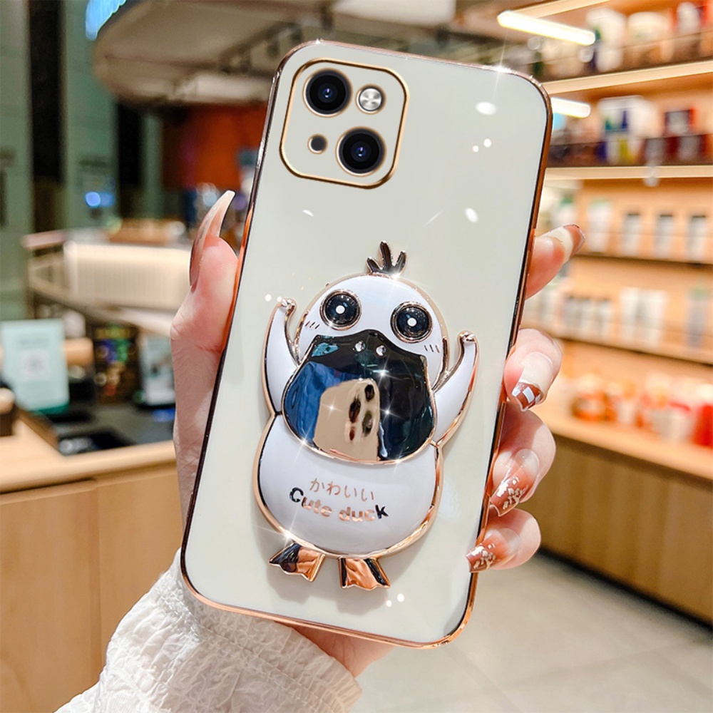 Cute Psyduck Case for iPhone 14 Pro Max iPhone 14 Plus iPhone13 iPhone12 iPhone11 Xs Cases Plating Duck Folding Stand Holder Rubber Soft Phone Cover