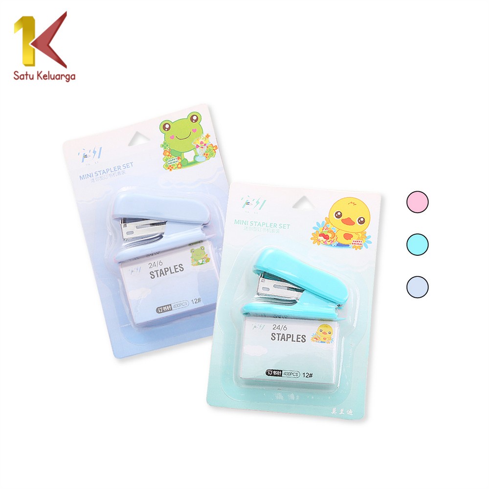 Satu Keluarga Staples Mini Set Karakter Animal A50 Stasionary Stapler Kecil Set Isi Hekter 24/6 Warn