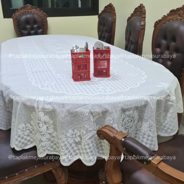 '+'+'+'+] Taplak Meja Makan Oval Kain Brokat Warna Putih Polos Vintage Klasik