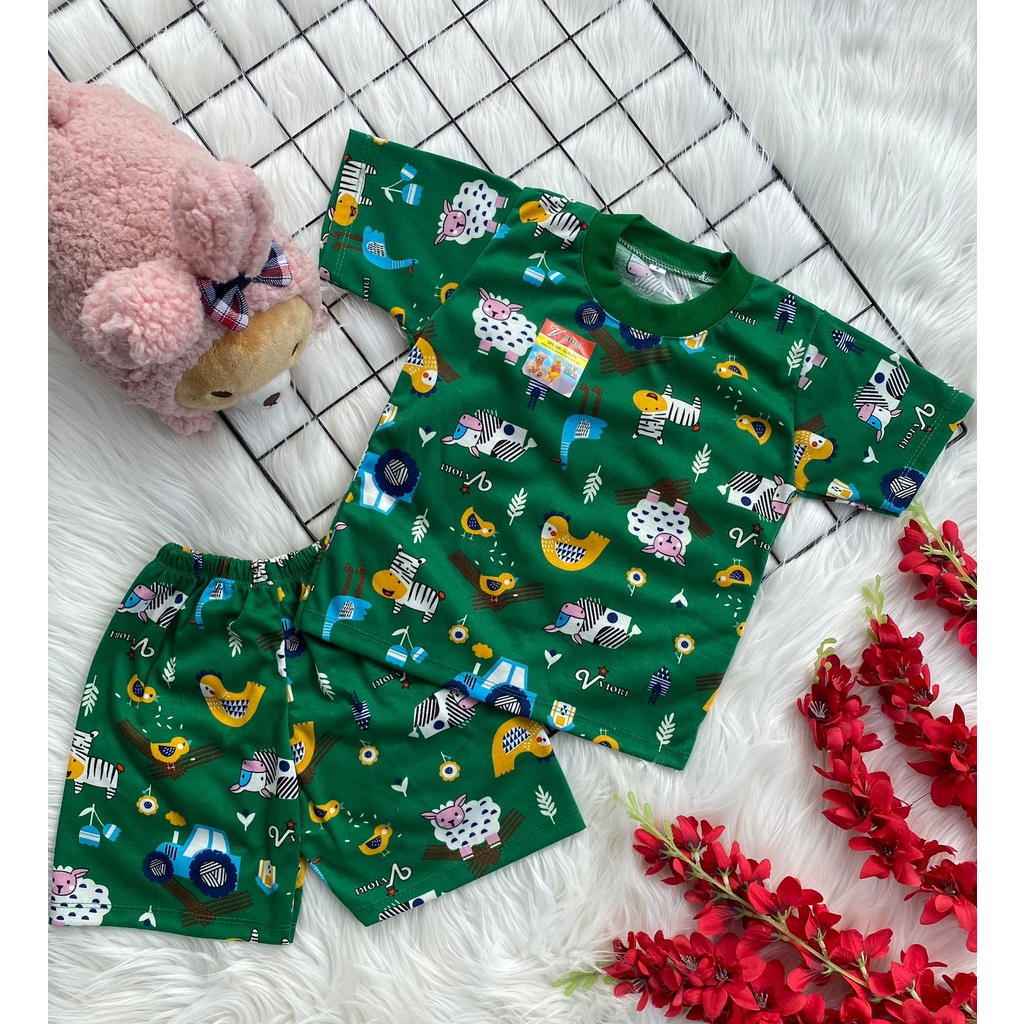 stelan baju bayi laki laki perempuan lucu murah motif JUNGLE ANIMAL PENDEK 1-2 TAHUN