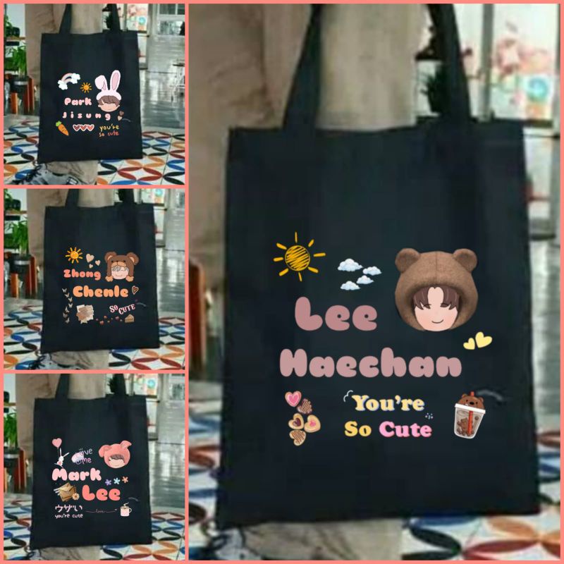 Totebag hitam NCT imut tote bag black lee haechan zhong chenle mark lee park jisung
