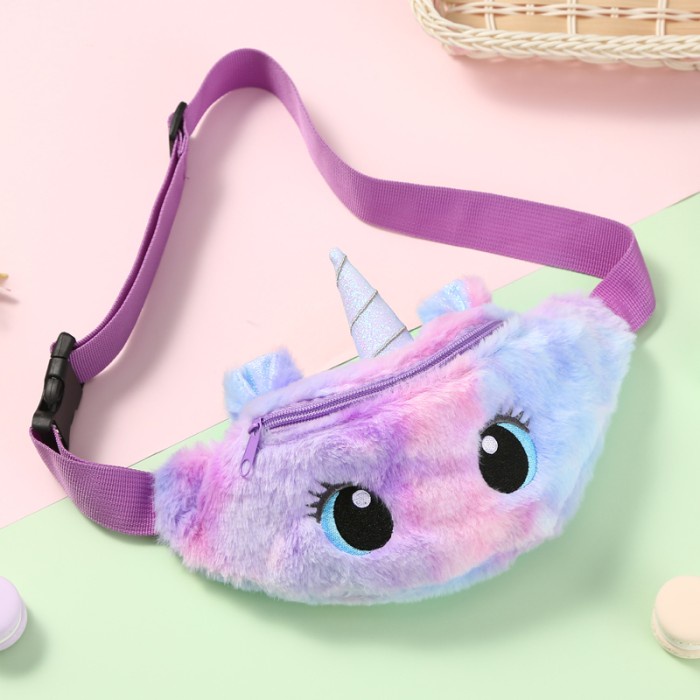 Tas Selempang Anak Perempuan Unicorn Plush Bulu/ Tas Pinggang Waistbag - Ungu Biru