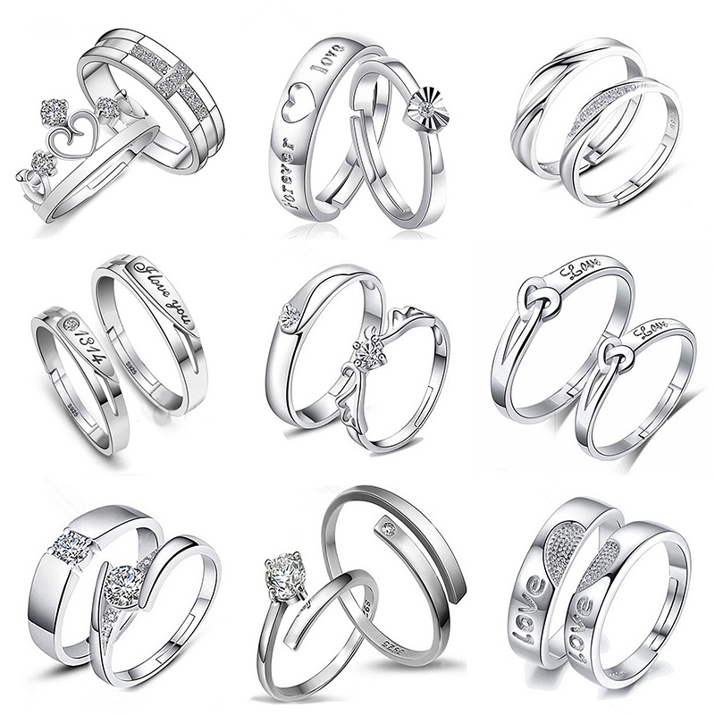 2 Pcs/Set925 Sterling Perak Adjustable Pasangan Cincin Berlian Fashion Wanita Perhiasan Cincin Couple Rings