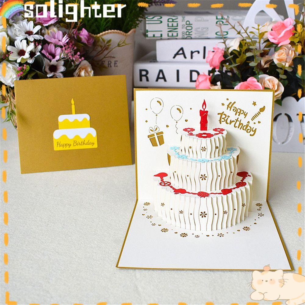 Solighter Birthday Card Gift Event Party Kartu Pos Kue 3D Dengan Amplop Kartu Ucapan