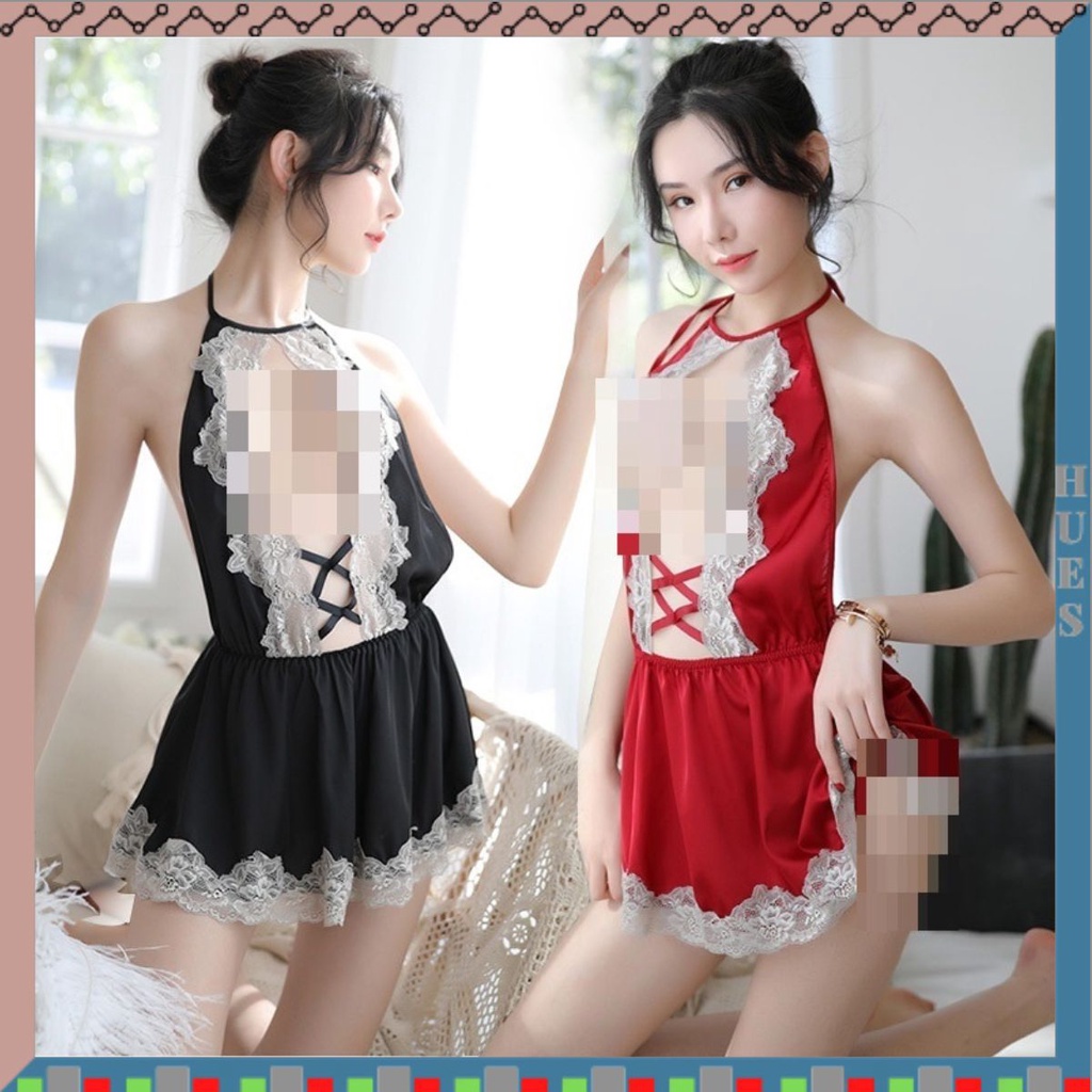 HUES.ID Set Lingerie + G String Model Lace V Short Skirt Nightdress 3068