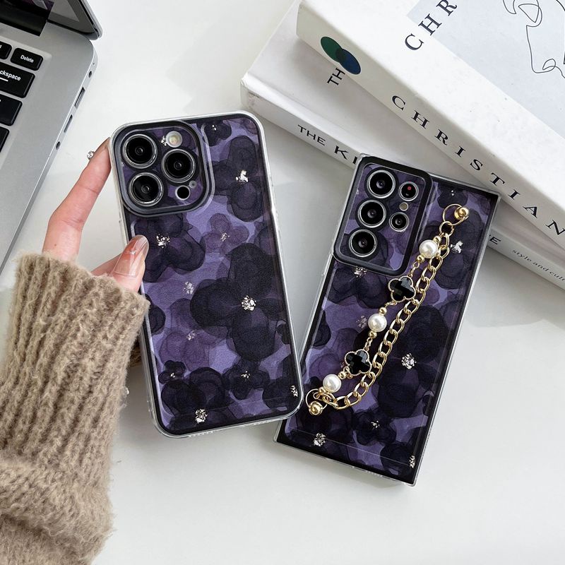 Black Purple Flowers Bracelet Soft Case VIVO V23 V23E V19 V20 V21E V20 SE V21 V25 V25E Y11 Y12i Y12 Y15 Y17 Y12S Y20 Y20i Y20S Y19 Y21 Y21S Y21A Y21E Y21T Y33S Y33T Y32 Y22 Y22S Y35 Y16 Y75 Y55 Y73S Y76S Y76 4G 5G Nice Casing