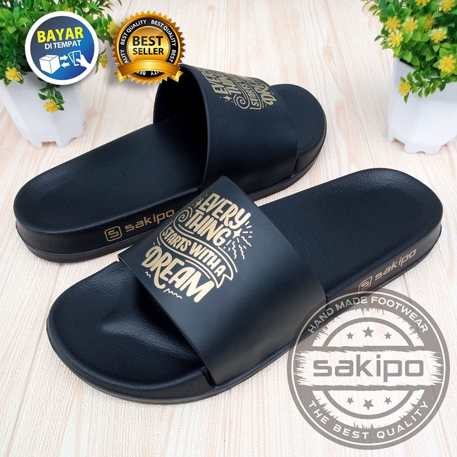 PROMO 2.2 COD SALE !! SANDAL DISTRO KEREN KEKINIAN PRIA DEWASA REMAJA SLIDE HITAM EMAS MOTIF TULISAN MOTIVASI / SENDAL SLIDE MURAH TERBARU  / SENDAL ANTI AIR / SAKIPO