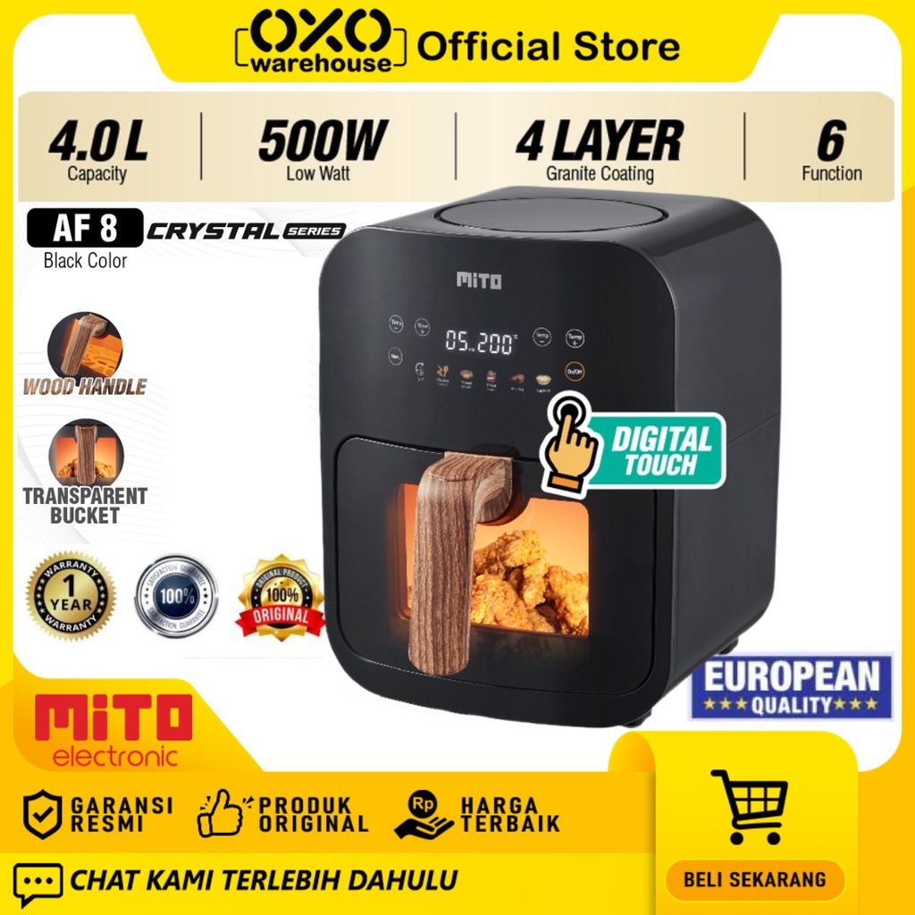 MITO AIR FRYER Transparan AF8 4 L Low Watt Garansi Resmi 500W