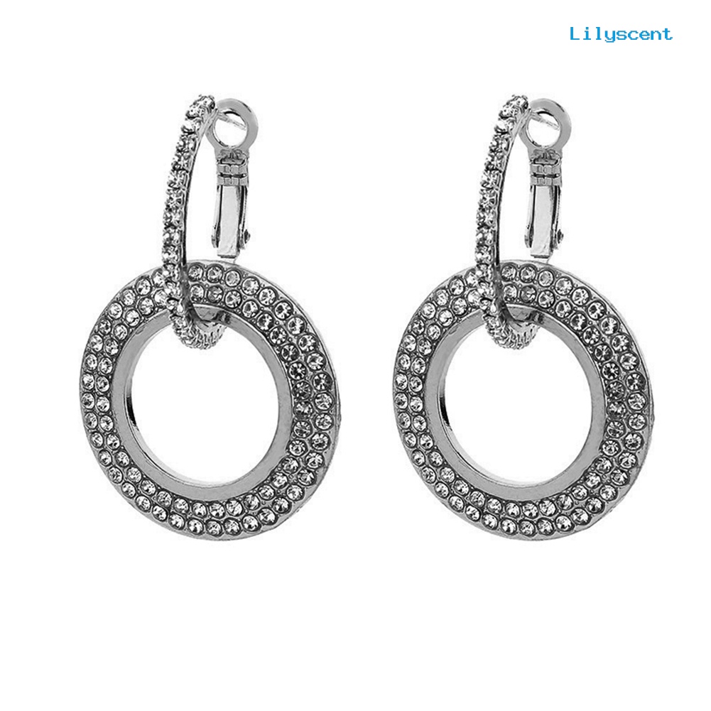 [LS] Wanita Fashion Berlian Imitasi Ganda Lingkaran Hoop Huggie Earrings Pesta Perhiasan Pesona