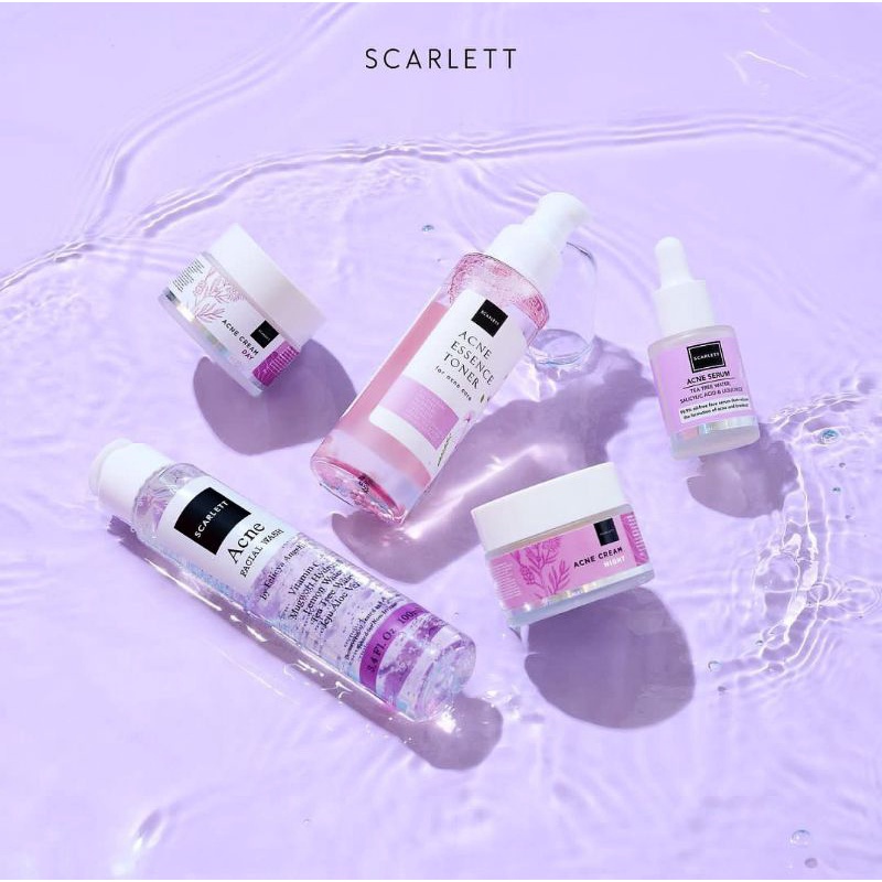 PAKET WAJAH SCARLETT WHITENING - ACNE SERIES  // UNGU ISI 5 [ FaceWash + Toner + Serum + Day NightCream ]