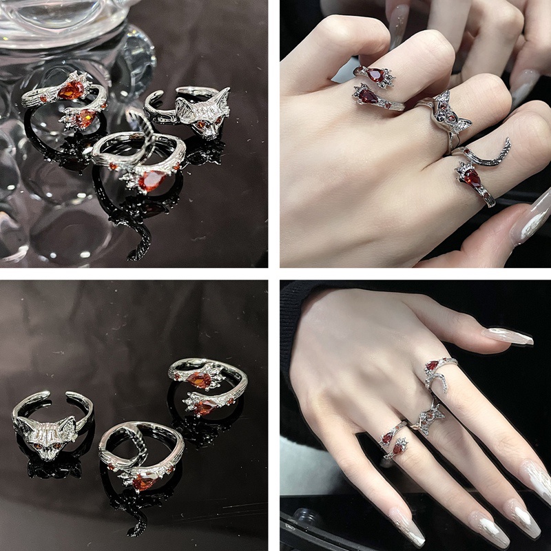 Gothic Cakar Kucing Zirkon Cincin Kristal Gelap Hewan Rubah Ekor Aesthetic Cincin Set Baru Vintage Goth Jari Peluk Rings Untuk Wanita Perhiasan