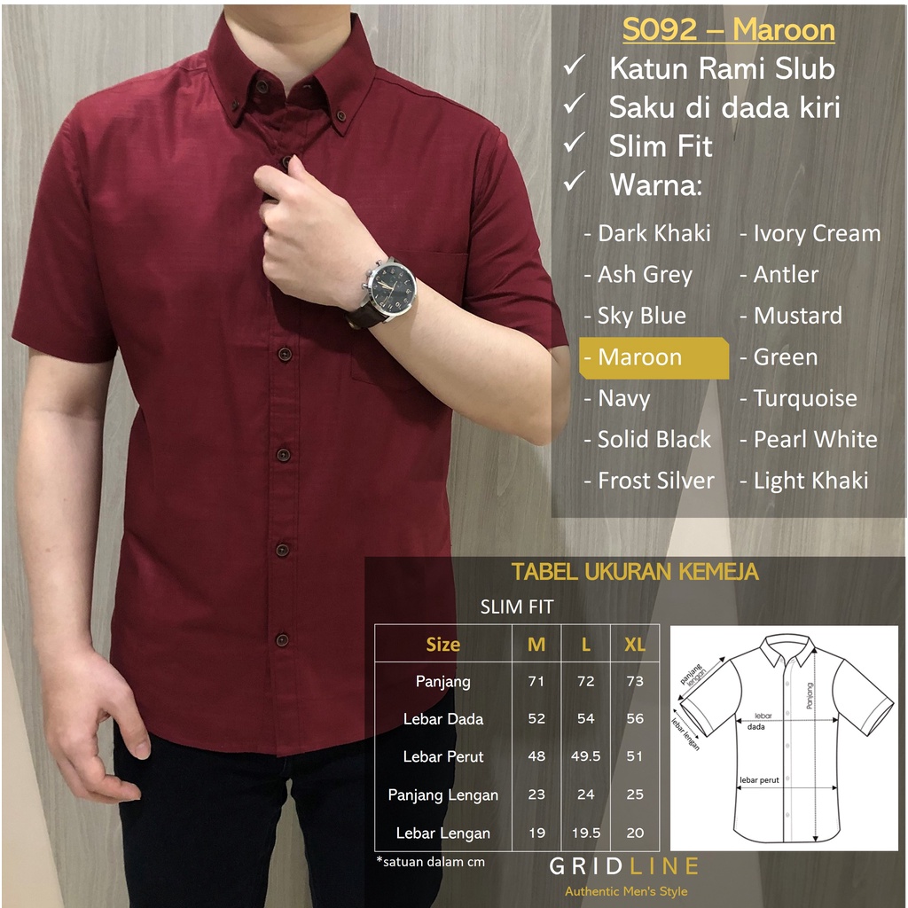 [GRIDLINE - S092 Colorful Premium Basic] Kemeja Pria Polos Slimfit Katun Linen Rami Premium warna