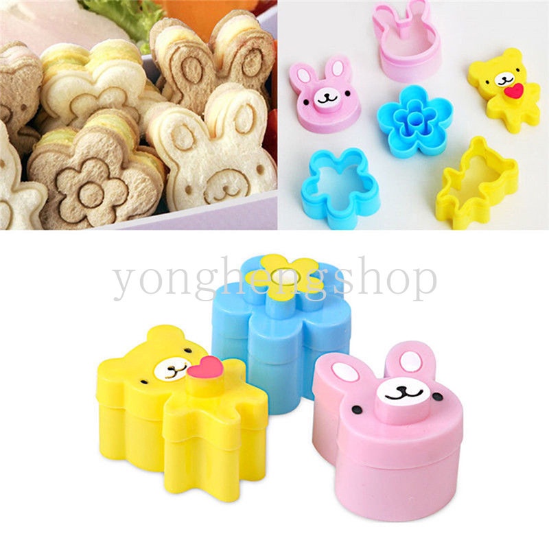 3pcs / set Cetakan Pemotong Sushi / Roti / Biskuit / Bola Nasi Bentuk Kelinci / Beruang / Bunga Emboss DIY
