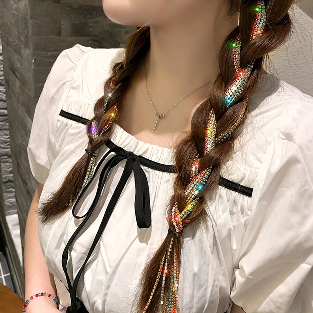 Perempuan Musim Panas Kotor Kepang Hairband Warna-Warni Flash Berlian Rantai Jepit Rambut Rumbai Sisi Jepit Rambut Fashion Rhinestones Aksesoris Rambut Mengepang Artefak Untuk Wanita